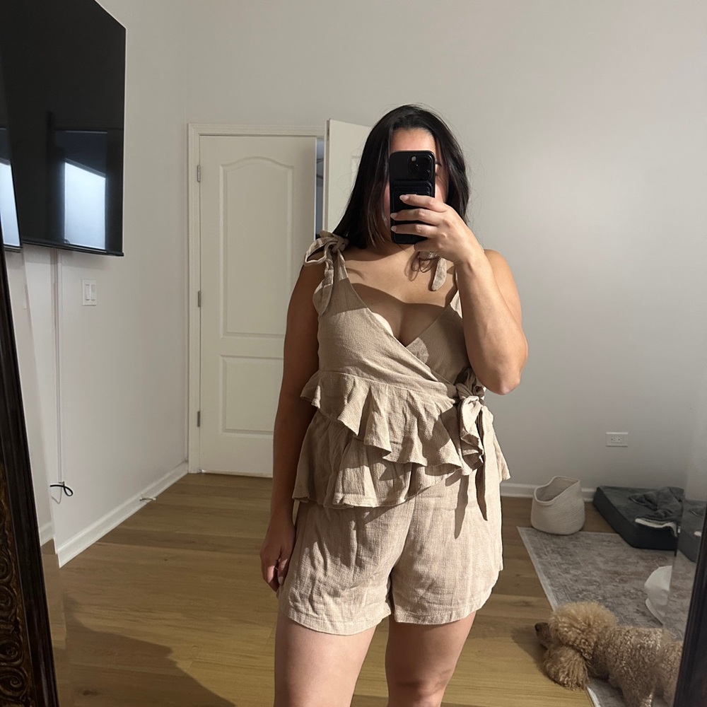 Mura Boutique Beige Ruffled Wrap Tie Romper